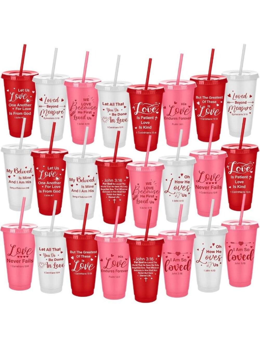 24 Pack Valentine's Day Scripture Tumblers - 24 oz Plastic Cups with Lids